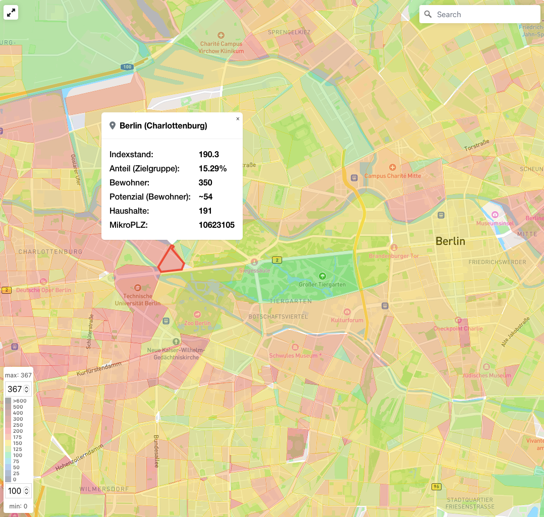 Geografie+ ermöglicht die Untersuchung einer Zielgruppe bis zur Mikro-PLZ innerhalb weniger Minuten.